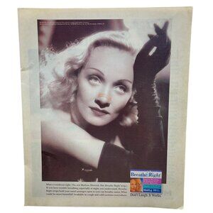 Marlene Dietrich Breathe Right Vintage Color Print Ad 1996 Nose Strips
